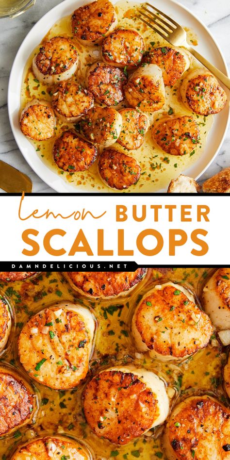 Whip up these garlic lemon butter salmon! 5 ingredients are all you need to have this seafood dish ready in just 10 minutes. So fancy with an amazing flavor, this easy scallop recipe will become one of your favorite weeknight dinners for family! Seafood Dinner Recipes Healthy, Healthy Delicious Recipes Clean Eating, Nice Lunch Ideas, Easy French Dinner Recipes, Creative Cooking Ideas, Chicken And Fish Recipes, Seafood Recipes Easy, Fancy Meal Ideas, Creative Healthy Meals