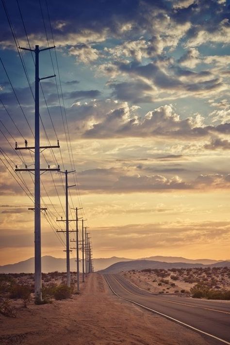 Sunset desert road  #Talk #Coldplay The Great Outdoors, Landscape Photography, Desert Road, Beautiful Roads, Power Lines, Desert Sunset, Open Road, The Desert, Beautiful Places