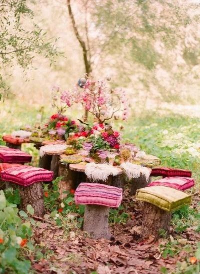 Romance is...oh my word, a teaparty in the garden on tree stumps! Good heavens!! @Vrinda Webb Punjabi you could do this in your forest yard! Fairy Tea Parties, Tree Stumps, Deco Boheme, Woodland Fairy, Bohol, Decor Pillows, Fairy Parties, Garden Parties, Woodland Party