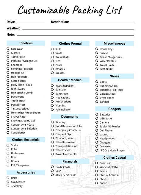 Rv Meals, Google Docs Templates, International Travel Packing, Bus Trips, Packing List Template, Printable Packing List, South Dakota Travel, Vacation List, Travel Packing Checklist