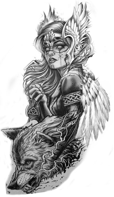 Battlefield Tattoo Ideas, Nordic Goddess Tattoo, Mythical Back Tattoo, Wolf Arm Tattoo Woman, Viking Goddess Tattoo, Freyja Goddess Tattoo, Freya Tattoo Norse Mythology, Men’s Sleeve Tattoos Ideas, Skadi Tattoo