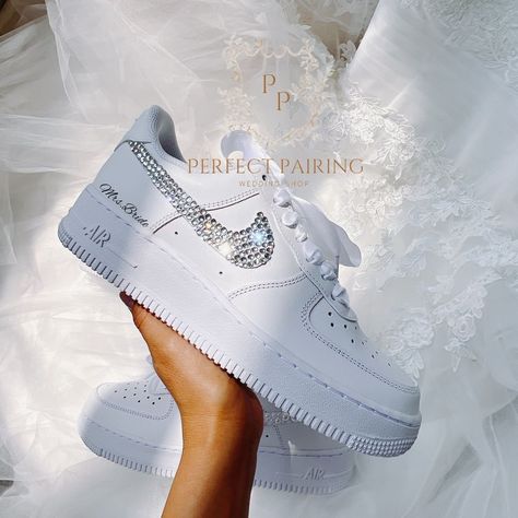 Rhinestone On The Swoosh Name And Date Of Your Special Date Silk Ribbon Laces Doesnt Come With However You Can Buy Here Here Is The Link: Https://Poshmark.Com/Listing/Bridal-Shoes-Silk-Laces-Choose-One-6492247e6149735dffff2dda If You Have Any Questions Feel Free To Message Me On Here Along With You Wedding Date And Name Wedding Tennis Shoes, Wedding Bride Shoes, Wedding Sneakers For Bride, Bride Sneakers, Personalized Sneakers, Custom Wedding Shoes, Rhinestone Wedding Shoes, Bridal Sneakers, Wedding Sneakers