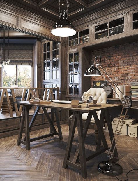 Modern Industrial Office Design, Rustic Office Design, Industrial Vintage Decor, Home Office Industrial, Urban Industrial Decor, Industrial Home Offices, Rustic Home Offices, Industrial Office Design, Vintage Home Office