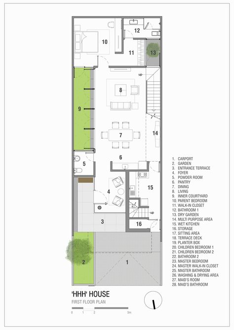 House Projects Architecture, Narrow House Designs, Narrow House Plans, House Simple, Simple Projects, Architectural Floor Plans, Villa Plan, Narrow House, Minimal House Design