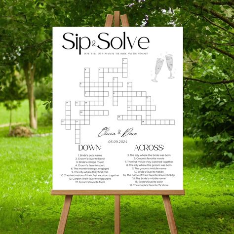 Custom Wedding Crossword Puzzle Sign- Minimalist Bridal Large Sip and Solve Poster, Printable Wedding Guest Games, Editable Canva Template SEE SIMILAR ITEMS HERE: https://www.etsy.com/shop/DigitalCreationsByGG?ref=dashboard-header&search_query=crossword Add a touch of interactive fun to your wedding with our Custom Wedding Crossword Puzzle Sign. This minimalist bridal poster is the perfect addition to your special day, offering a unique and engaging activity for your guests. Features: - Minimali Sip And Solve Wedding Crossword, Wedding Guest Games, Guest Games, Sip And Solve, Wedding Crossword Puzzle, Wedding Games For Guests, Citrus Wedding, Dashboard Header, Wedding Games