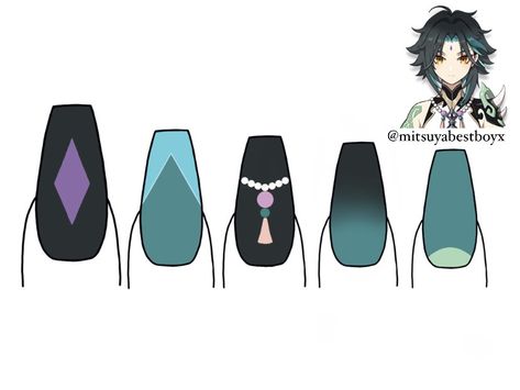 Aether Nails Genshin, Raiden Shogun Nails Art, Xiao Inspired Nails, Xiao Nails Design, Genshin Nail Ideas, Honkai Star Rail Nails, Xiao Nails, Genshin Nails Design, Genshin Nail Art