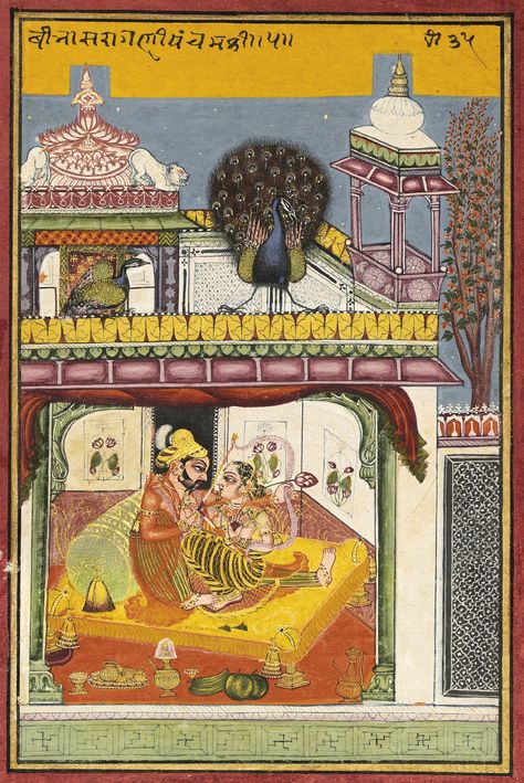 Vibhasa ragini. Opaque watercolor heightened with gold on paper. India, Rajasthan, Kotah, circa 1760. Curled with his beloved against a green bolster on a yellow covered bed a lord bows his flower-tipped arrow. Covered Bed, Opaque Watercolor, Rajasthani Painting, Southeast Asian Arts, Art Chinois, Indian Painting, Art Asiatique, Indian Paintings, Historical Characters