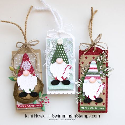 Sweetest Christmas Dsp, Christmas Gift Tags Stampin Up, Kindest Gnomes, Christmas Tags Handmade, Tags Stampin Up, Loaded Envelopes, Gnome Cards, Xmas Gift Tags, Christmas Gift Tags Handmade