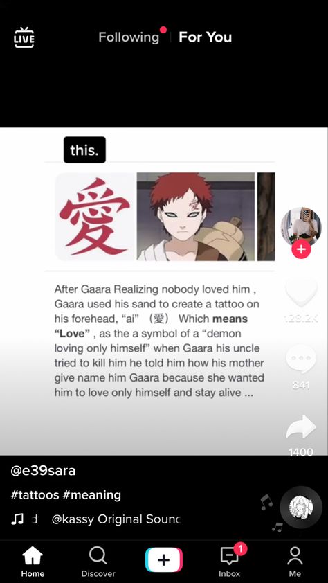 Description of gaara’s forehead tattoo Garra Tattoo Naruto Meaning, Gara Love Tattoo, Gara Tattoos Naruto, Love Japanese Tattoo, Gara Tattoos, Gaara Tattoo, Forehead Tattoo, Japanese Tattoo Words, Small Dragon Tattoos