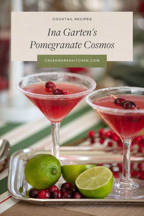 Ina Garten Pomegranate Cosmo, Cosmo Drink Recipe, Ina Garten Cranberry Martini, Spiced Pomegranate Cocktail, Pomegranate Cocktails Recipes, Ina Garten Cocktail Recipes, Gin Pomegranate Cocktail, Pomagranet Christmas Drink, Pomegranate Cranberry Cocktail