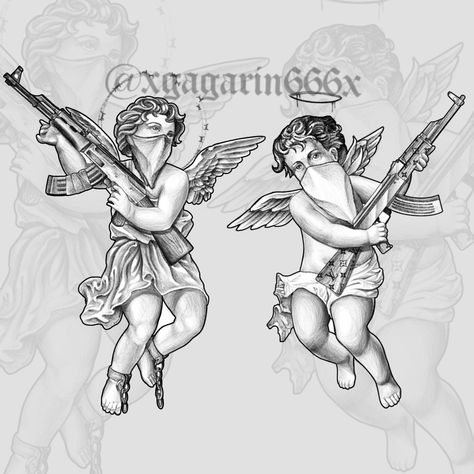 Gangsta Cupid Tattoo, Cherubs Tattoo Designs, Evil Cherub Tattoo, Gangsta Angel Tattoo, Cupid Tattoo Design, Chicano Angel Tattoo, Chicano Tattoo Design Ideas, Chicano Tattoo Designs, Tattoo Chicano Style