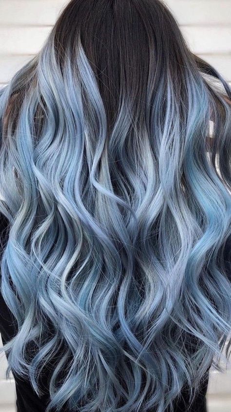 Blonde And Denim Blue Hair, Light Blue Balayage Hair, Ice Blue Hair Ombre, Icy Blue Highlights Brown Hair, Ice Blue Balayage, Pastel Blue Money Piece Hair, Icy Blue Hair Ombre, Shark Blue Hair Color, Blue Bolyoge Hair