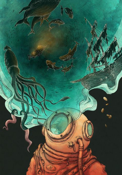 Cover illustration for the book 20,000 Leagues Under The Sea by writer Jules Verne. 20000 Leagues Under The Sea Illustration, 20000 Leagues Under The Sea Aesthetic, 20 000 Leagues Under The Sea, Jules Verne Aesthetic, 20000 Leagues Under The Sea, Under The Sea Art, The Deep Ocean, Fantastic World, Sea Illustration