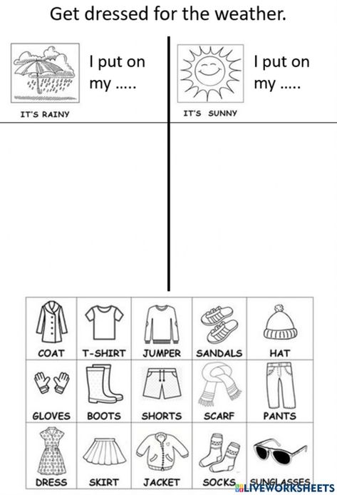 Esl Kindergarten Worksheets, Winter And Summer Clothes Activities, Season Clothes Worksheet, Dress For The Weather Activity, Kindergarten Weather Worksheets, Season And Weather Worksheet, Weather Exercises English, Clothes Worksheets For Preschool, Seasons And Clothes Worksheet