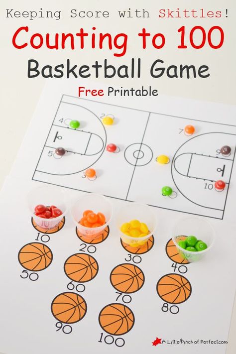 Counting to 100 Basketball Game Free Printable  Keeping Score with Skittles! Kindergarten Basketball, Basketball Score Sheet, Basketball Learning, Basketball Stem, Basketball Math, Candy Skittles, Count To 100, Number Counting, Basketball Games For Kids