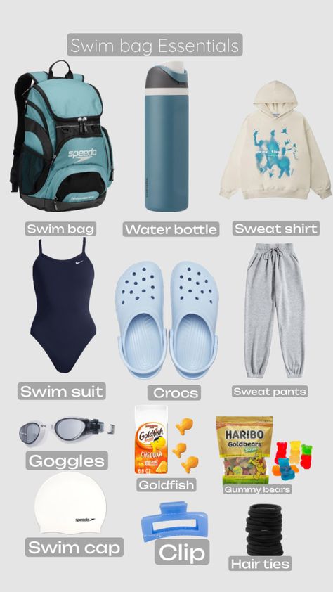 Swimming Packing List, Lifeguard Bag Essentials, Swimming Sport Outfit, Swim Team Bag Essentials, Swim Class Essentials, Swim Practice Outfit, What To Pack For Swimming, Swimming Bag Essentials, Swimmer Bag