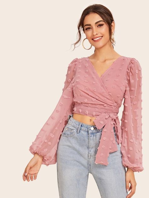 Lantern Sleeve Wrap Belted Chiffon Blouse | SHEIN USA Latest Jeans Top Designs, Knot Blouse Design, Baby Pink Top, Top With Jeans, Chiffon Top Designs, Latest Jeans, Fancy Tops, Fashion Tops Blouse, Trendy Fashion Tops