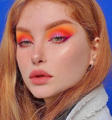 Orange Disco Makeup, Bright Colored Makeup Looks, Pops Of Color Makeup, Easy Colorful Makeup Looks, Fun Colorful Eye Makeup, Pink Orange Makeup Look, Orange And Pink Makeup Looks, Fun Makeup Looks To Recreate, Orange Pink Makeup