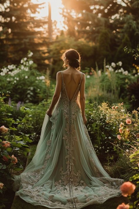 Green Whimsical Wedding Dress, Lace Delicate Wedding Dress, Fairy Cottagecore Wedding Dress, Wedding Dress With Sage Green Accents, Wedding Dress With Dark Green Accents, Celtic Wedding Dress Fairy Tales, Fairy Gown Wedding, Wedding Dress Fairy Forest, Forest Vibe Wedding Dress