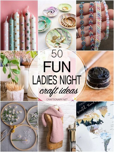 Find fun ideas, tips, and guidelines to host a successful ladies night for your family and friends. Choose from a list of craft ideas. Handmade Projects Ideas, Idea To Do With Friends, Girls Trip Crafts, Cool Collections Ideas, Easy Crafts For Groups Of Women, Girls Night In Activities Crafts, Girls Day Crafts Diy Projects, Diy Ladies Night Ideas, Girlfriend Crafts Night