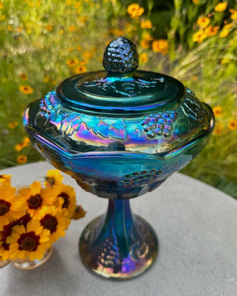 🌊 1978 Vintage Blue Carnival Glass Pedestal Bowl and Lid ~ Indiana Glass Co. $45 + shipping (or local pickup) - #trending #viral #instagram #love #explorepage #explore #instagood #fashion #follow #tiktok #like #photography #glass #trend #instadaily #memes #music #style #trendingnow #antique #foryou #likes #photooftheday #insta #midcentury #vintage #glassware #70s #disco #interiordesign Blue Carnival Glass, Glass Candy, Indiana Glass, Carnival Glass, Vintage Glassware, Indiana, Carnival, Mid Century, Bowl