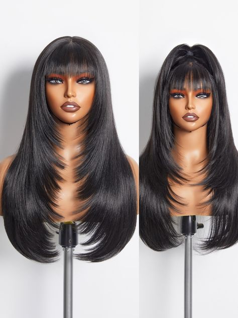 PRICES MAY VARY. 🔥EXPERIENCE STYLE-ARCHIVE: Ingeniously crafted with a blend of Premium Fiber and Remy Human Hair, our black mixed brown highligh wigs boast a "human-hair-like" touch, paired with the exceptional lasting power of premium fibers. Say goodbye to messy tangles or losing your style throughout the day. Embrace the beauty that stays impeccable from morning to night. 🔥PUT ON & GO: Beginner-friendly. This 22 inch glueless natural black straight layered wig with bangs requires no expert Flipover Method Wig, Wig Density Chart, Black Wig With White Highlights, Layered Weave Hairstyles, Straight Jet Black Wig, Butterfly Braids Short, Brown Wig With Bangs Black Women, Wig Design Style, 360 Wigs For Black Women