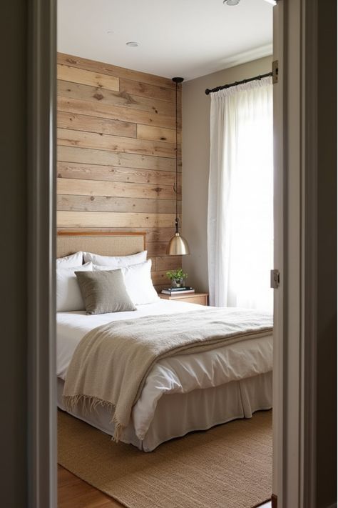 Cozy bedroom featuring rustic wooden plank wall behind bed Rustic Wood Walls Bedroom, Bedroom Ideas Wood Paneling, Shiplap Accent Wall Bedroom, Shiplap Wall Bedroom, Modern Farmhouse Accent Wall, Unique Accent Wall Ideas, Wood Bedroom Wall, Woodsy Farmhouse, Wooden Wall Bedroom