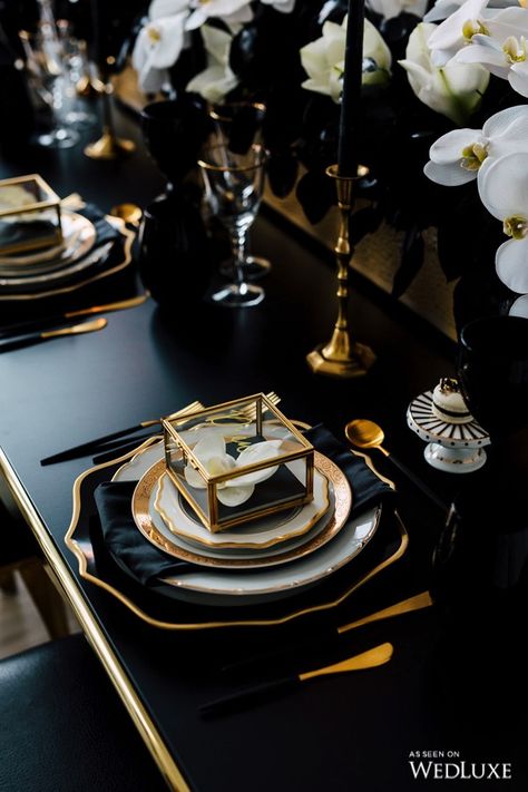 WedLuxe – Pop The Champagne! | Photography By: Purple Tree Photography Follow @WedLuxe for more wedding inspiration! Black And Gold Table Setting, Black And Gold Table, Gold Table Setting, Pop The Champagne, Gold Table, Place Setting, Chocolate Fondue, Fondue, Table Setting