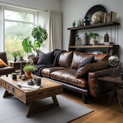 20 Dark Brown Couch Living Room Ideas With Leather & More Examples - HearthandPetals Dark Brown Sofa Living Room, Brown Couch Living Room Ideas, Leather Couch Decorating, Dark Leather Couches, Brown Couch Decor, Brown Leather Sofa Living Room, Dark Brown Couch Living Room, Dark Brown Couch, Leather Couch Living Room Decor