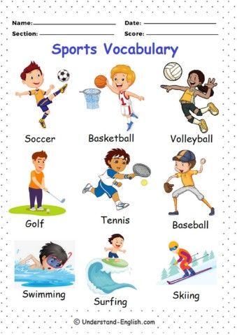 Sports Vocabulary By understand-english.com Sport Vocabulary, Sport English, Summer Lesson, Teach English, Kids English, Kids Learning Activities, English Class, English Lessons, English Vocabulary