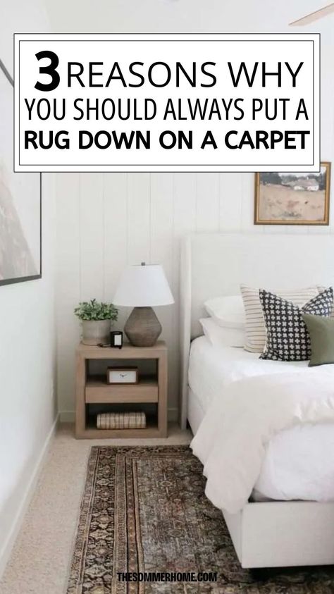 Discover the best home decor rules for putting a rug over carpet. Elevate your space with these expert tips for layering rugs in your home interior design. Rug On A Carpet Bedroom, Bedroom Small Rug, Bedroom Rug With Carpet, Small Living Room Rug Ideas, Rug On Carpet Living Room Apartments, Rug On Top Of Carpet Bedroom, Throw Rugs Over Carpeting, Rug Over Carpet Living Room Ideas, Bedroom Rug Inspiration