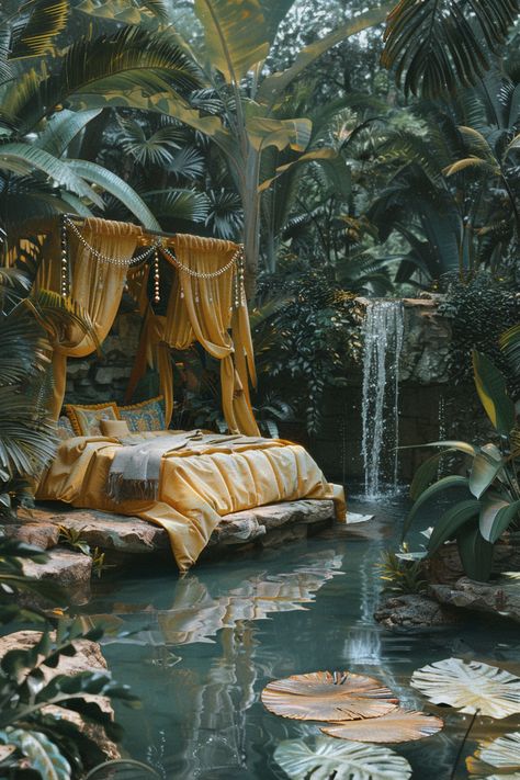 Dreamy Bedroom in Tropical Forest with Lush Pond and Waterfall Rainforest Bedroom, Rainforest Room, Forest Pond, Dreamy Bed, Inspirational Digital Art, Tropical Bedrooms, Surreal Scenes, Garden Waterfall, Surreal Photos