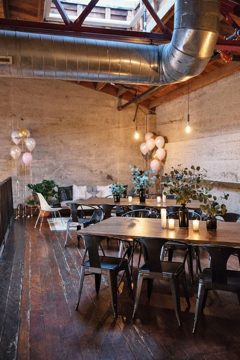 This San Diego loft boasts beautiful architecture like exposed brick walls and wood-beamed ceilings. Love Is Strong, Bridal Shower Venues, Hotel Ballroom, Pursue Your Dreams, Brewery Wedding, Loft Wedding, Pre Wedding Party, Wood Beam Ceiling, Engagement Party Decorations