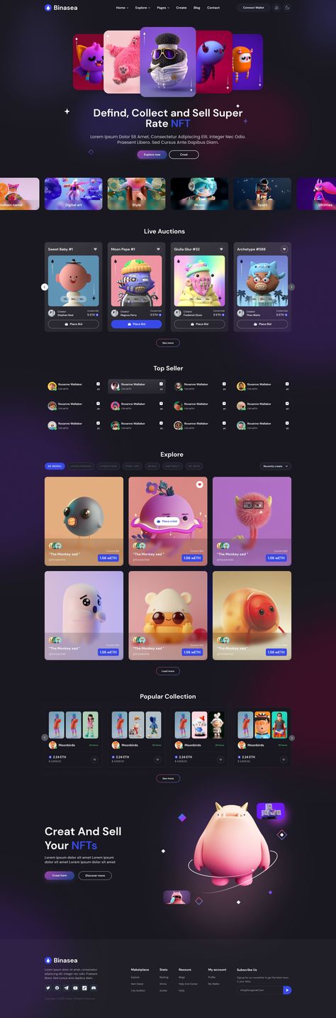 Binasea NFT Marketplace Figma Template Form Design Web, Marketplace Design, Web Design Inspiration Creative, Ui Website, Digital Coin, Figma Template, Ui Design Website, Nft Marketplace, Web Project