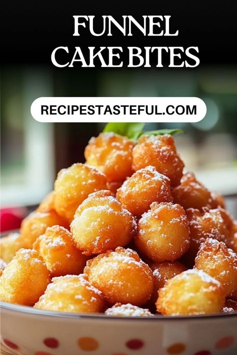 Deliciously crispy funnel cake bites, perfect for any occasion! These bite-sized treats are quick to make and can be enjoyed on their own or with your favorite dipping sauces. Funnel Cake Cake, Funnel Cake Bites Air Fryer, Angel Food Cake Bites, Funnel Cake Bites Easy, Funnel Cake Recipe No Eggs, Crispy Funnel Cake Sticks, Air Fryer Funnel Cake, State Fair Food Recipes, Funnel Cake Bites Recipe