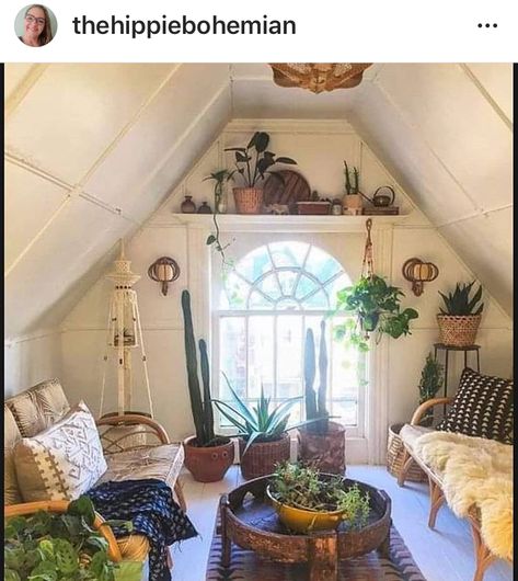 The Hippie Bohemian (IG) Boho Decor Diy, Attic Bedroom Decor, Attic Room Ideas, Attic Renovation Ideas, Green House Design, Bohemian Style Decor, Bed Decoration, Bed Interior, Latest House Designs