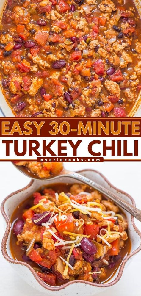 Ground Beef Dishes For Dinner, 30 Minute Turkey Chili, Ground Turkey Chili Recipe, Turkey Chili Recipe Easy, Healthy Turkey Chili, Healthy Chili Recipe Turkey, Easy Turkey Chili, Quick Turkey, Ground Turkey Chili