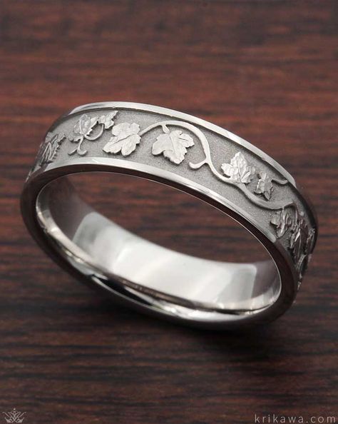 Eternity Grape Vine & Leaf Wedding Band! This unique wedding band has a grape leaf and vine pattern that encircles the entire ring. Infinity Rings Engagement, Branch Wedding Band, Vine Wedding Ring, Wine Ring, Halo Engagement Ring Wedding Band, Leaf Wedding Band, Tattoo Wedding Rings, Morganite Engagement Ring Set, Unique Wedding Band