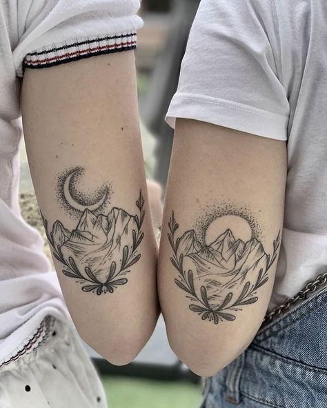 Matching Adventure Tattoos, Mountain Tattoo Ideas Female, Mountain Hip Tattoo, Couple Mountain Tattoos, Couples Mountain Tattoo, Big Sur Tattoo, Mountain Tattoo Leg, Upper Hip Tattoos Women, Colorado Mountain Tattoo