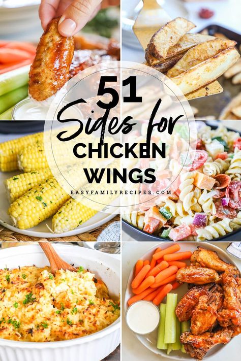 The ULTIMATE list of the best sides for chicken wings! This list covers sides for serving wings for dinner and what to serve with chicken wings as an appetizer. No matter whether you are having Buffalo wings, BBQ wings, teriyaki wings or even lemon pepper wings, we have the perfect side dish to go with it! We go from classics like celery sticks and carrots to hearty side dishes like potato casserole, and healthy side dish options too! This list is full of easy sides for wings! Chicken Wings Serving Ideas, Food To Go With Wings, Wings Sides Dishes, Chicken Wing Bar Wedding, Chicken Wing Party Ideas, Chicken Dinner Side Dishes, Sides For Buffalo Wings, Sides For Wings Dinners, Wings Sides Ideas