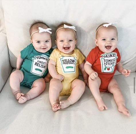 triplets girls boys baby newborn gifts baby shower milestone photo props triplet matching outfits shirts onesies triplet matching halloween costumes Triplet Costume Ideas, Triplet Announcement, Twins Onesies, Matching Twins Outfits, Halloween Costume Matching, Triplet Gifts, Triplet Baby Shower, Newborn Triplets