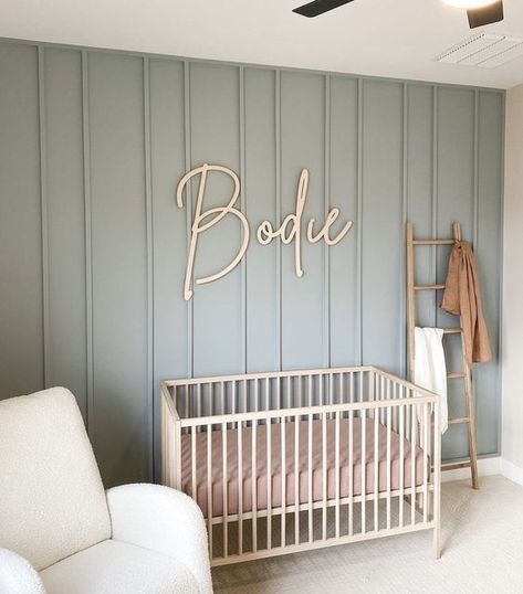 Neutral Nursery With Accent Wall, Accent Wall Nursery Boy, Beige Nursery Ideas, Shiplap Nursery Wall, Nursery Accent Walls, Green Blue Nursery, Nursery Feature Wall, Shiplap Nursery, Nursery Paint Colors