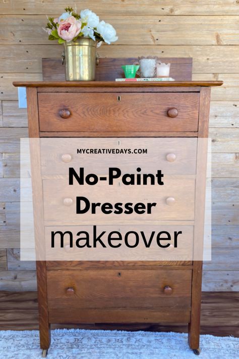 No Paint Dresser Makeover - My Creative Days Paint Drawers Ideas, Small Chest Of Drawers Makeover, Paint And Stain Dresser, Bassett Dresser Makeover, Pine Dresser Makeover Before After, Dresser Makeover With Wallpaper, Dresser Pulls Makeover, Painted Dressers Ideas, Wallpaper On Dresser