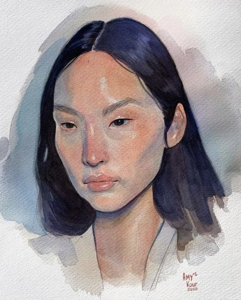 Creative Watercolor Portraits, Watercolor And Pastel Paintings, Guache Portrait Paintings, Watercolour Portrait Faces, Character Art Asian, Portrait Art Watercolour, Watercolor Self Portrait, Watercolor Art Portrait, Gouache Portrait