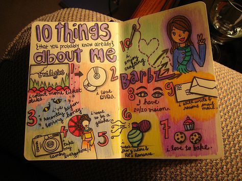 Ten Things About Me | Flickr - Photo Sharing! About Me Drawing, Cd Wall Art, December Bullet Journal, Things About Me, Wreck This Journal, Art Journal Therapy, Art Journal Techniques, Sketchbook Art Journal, Bullet Journal Writing