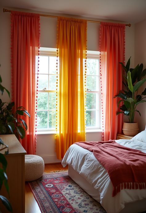 Boho Bedroom Curtains ideas Colorful Curtains Bedroom, Orange Curtains Bedroom Room Ideas, Boho Bedroom Curtains, Orange Bedroom Curtains, Boho Bedroom Orange Bohemian Style, Door Art Bedroom, Orange Boho Curtains, Chic Boho Bedroom, Bedroom Curtain Ideas