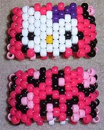 Crumpet's Kandi Patterns for Kandi Cuffs - Kandi Tutorials - Hello Kitty Cuff Tutorial - How To Make A Hello Kitty Cuff Hello Kitty Kandi Cuff, Hello Kitty Kandi Pattern, Kandi Patterns With Numbers, Domo Kandi, Kandi Cuff Patterns With Numbers, Hello Kitty Kandi, Kandi Cuff Patterns, Pony Bead Projects, Kitty Pattern