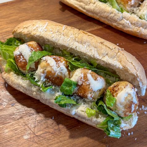 Chicken Caesar Meatball Sub Sandwiches Meatball Subs Recipes, Teriyaki Chicken Ramen, Chicken Meatball Subs, Pork Wonton Recipe, Avocado Wrap Recipes, Creamy Honey Mustard Chicken, Meatball Sub Sandwiches, Chicken Caesar Sandwich, Caesar Recipe