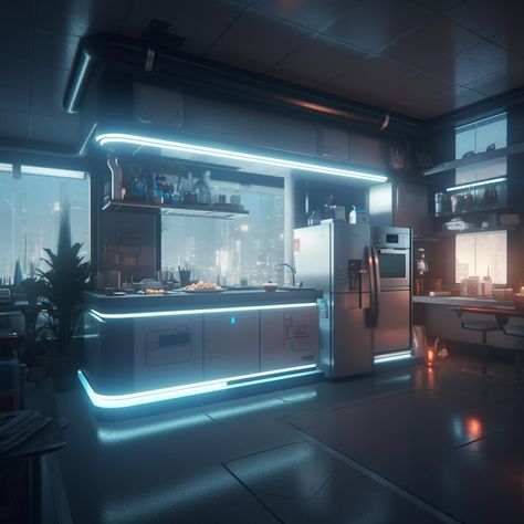 Sci Fi Apartment Interior, Futuristic Kitchen Concept Art, Coruscant Apartment, Scifi Kitchen, Scifi Apartment, Cyberpunk Kitchen, Cozy Cyberpunk, Scifi Bedroom, Sci Fi Kitchen