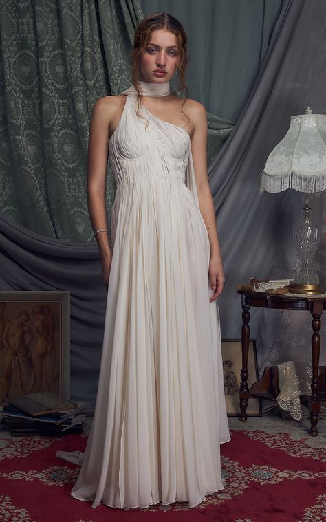 The Hellenistic One-Shoulder Chiffon Gown By Mirror Palais | Moda Operandi Chiffon Outer, Mirror Palais, Upscale Fashion, Corset Skirt, Gown Skirt, Ribbon Dress, Wedding Dress Trends, Chiffon Gown, White Outfits